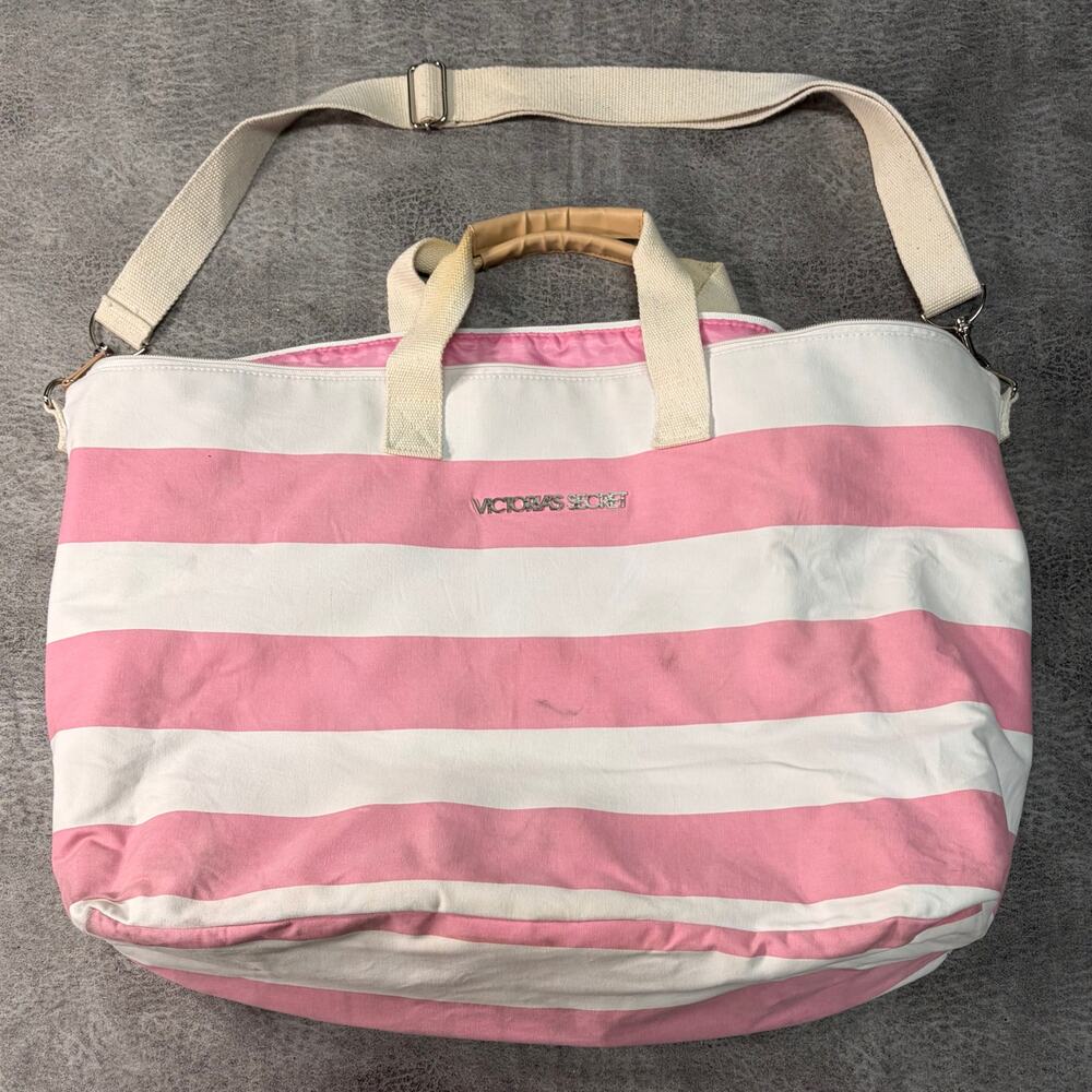 Victorias Secret Pink and White Striped Duffel Bag